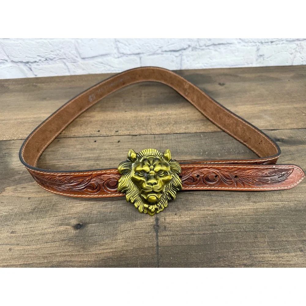 Vintage Lion‎ Head Buckle Belt Full Grain Leather Tooled Western USA Size 48
